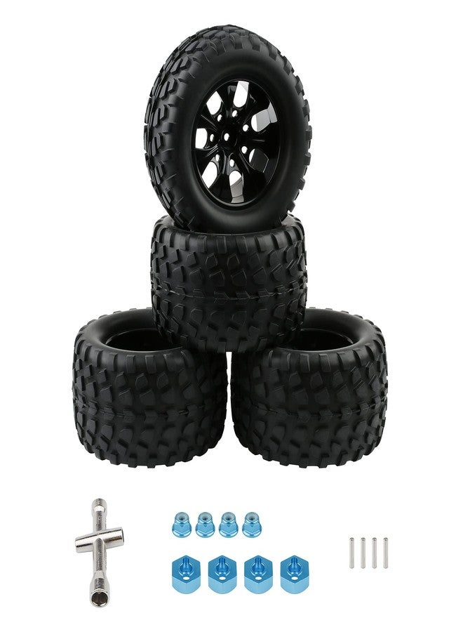 Rchobbytop 4pcs 12mm Hex RC Wheels and Tires Rubber Tires Set for 1/10 Off Road Monster Truck Volcano Epx/Pro Volcano S30 Stampede HSP 94108 94111 94188 94701 with Drive Hub Adapters Lock Nuts and Wrench, Black - Image 2